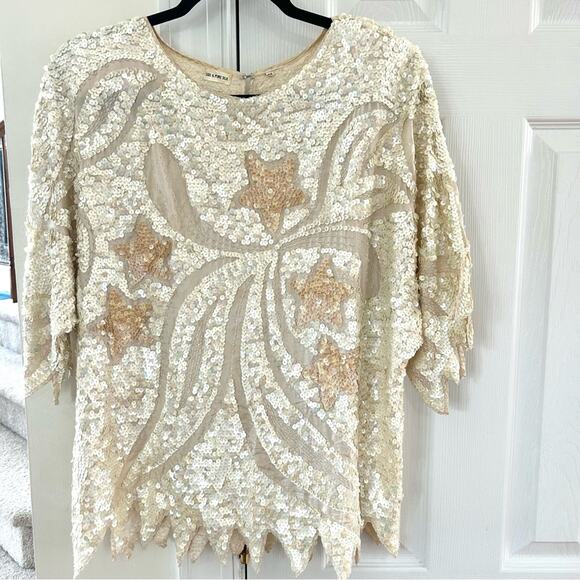 Vintage Silk & Sequin Cream Star Print Top w/ Zig Zag Edge - Picture 1 of 8
